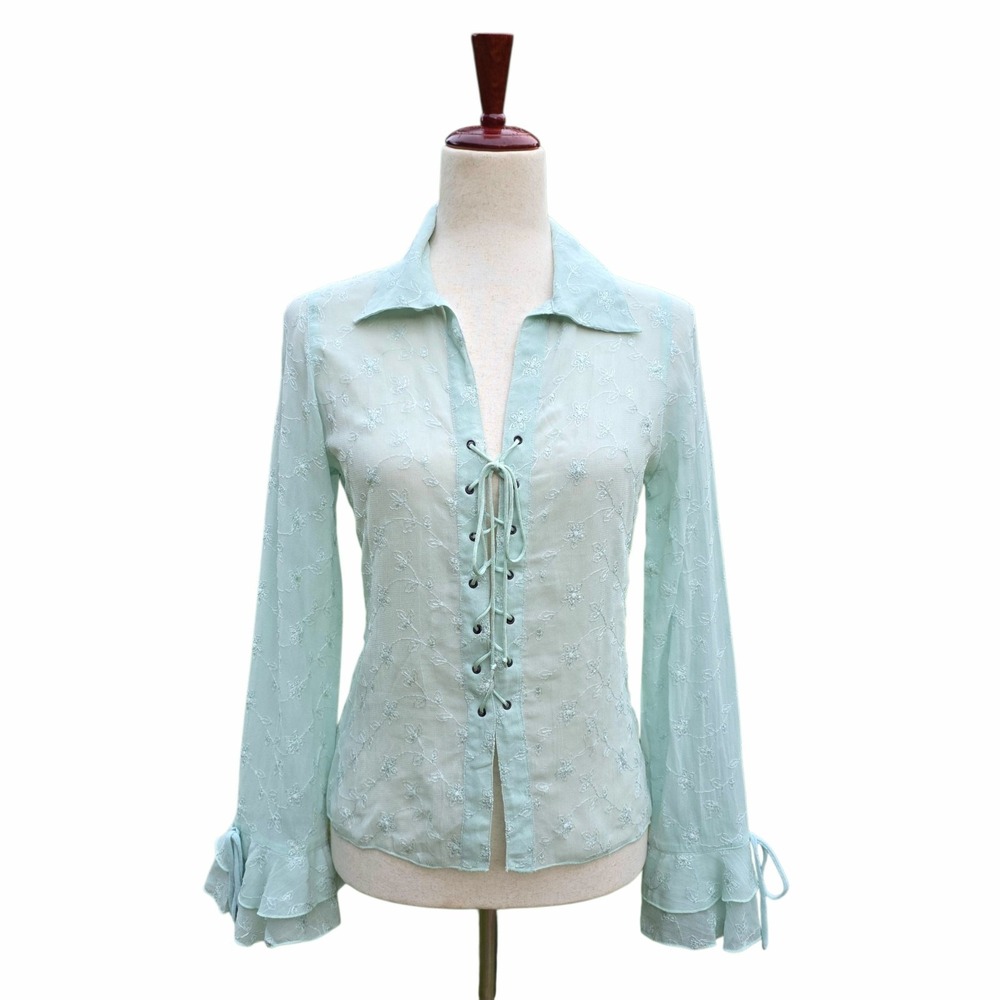 Y2K Angie Lace-Up Sheer Top Size M Seafoam Green Fairy Pirate Regency